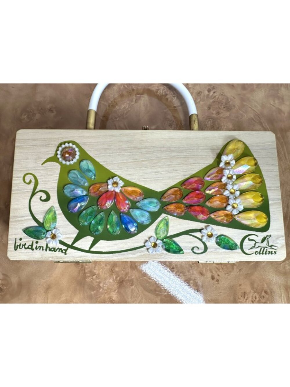 Rare Vintage Enid Collins Bird in Hand Box Bag Jeweled Wood Purse Texas EUC - Picture 3 of 13